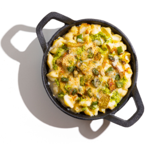 Macaroni and cheese in a skillet.