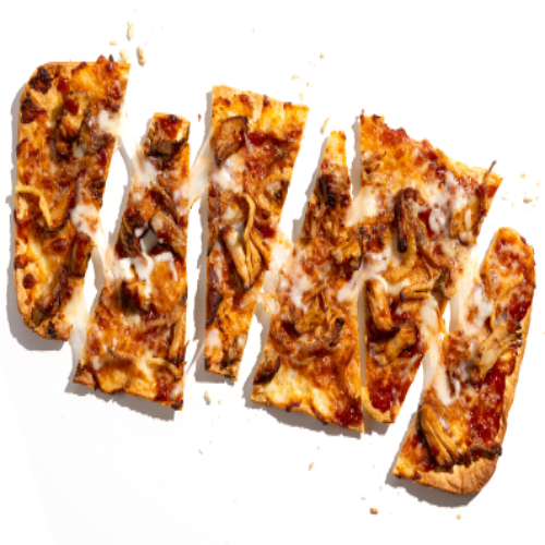 Flatbread rectangular shaped pizza, cutted into 6 triangular slices.