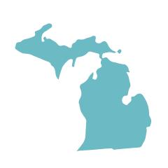 Silhouette of the state of Michigan paited in sky blue