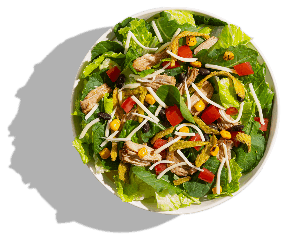 A salad bowl with leafy greens, chicken, cheese and corn.